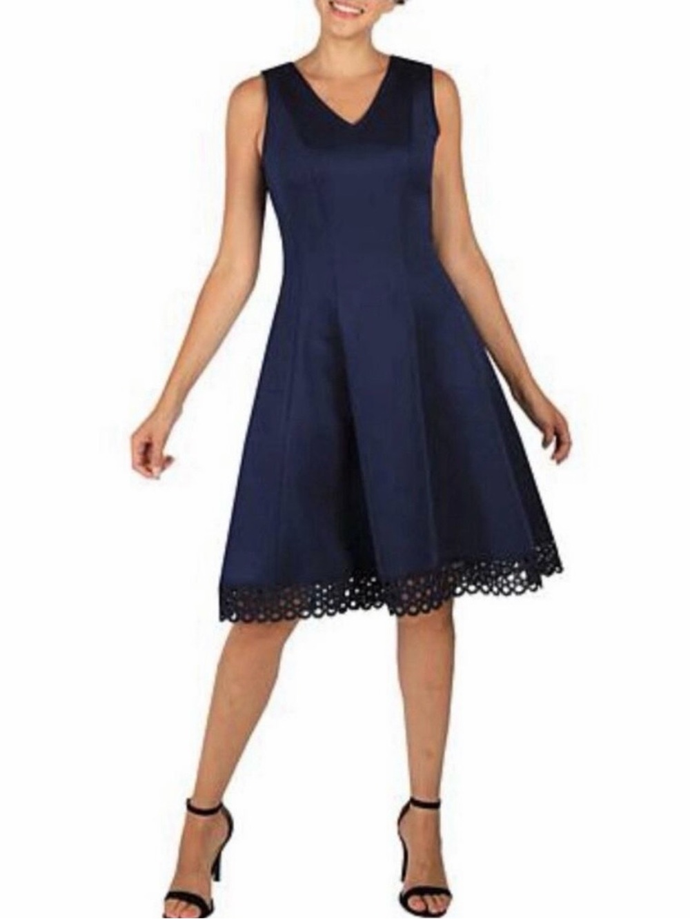 Donna Ricco Navy V-Neck A-Line Dress with Lace Hem
